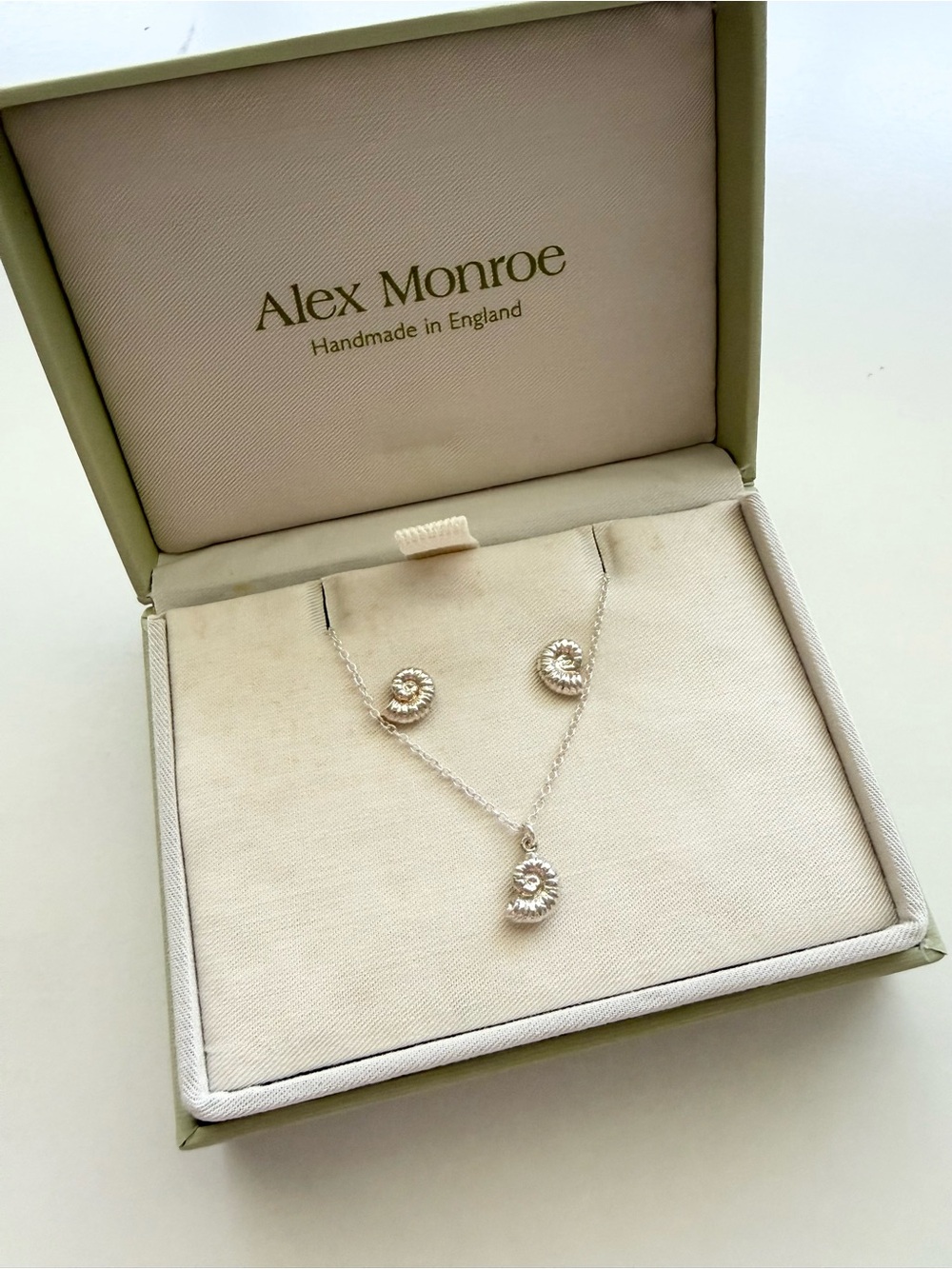 Alex Monroe Ammonite Necklace and Earring Set in Sterling silver